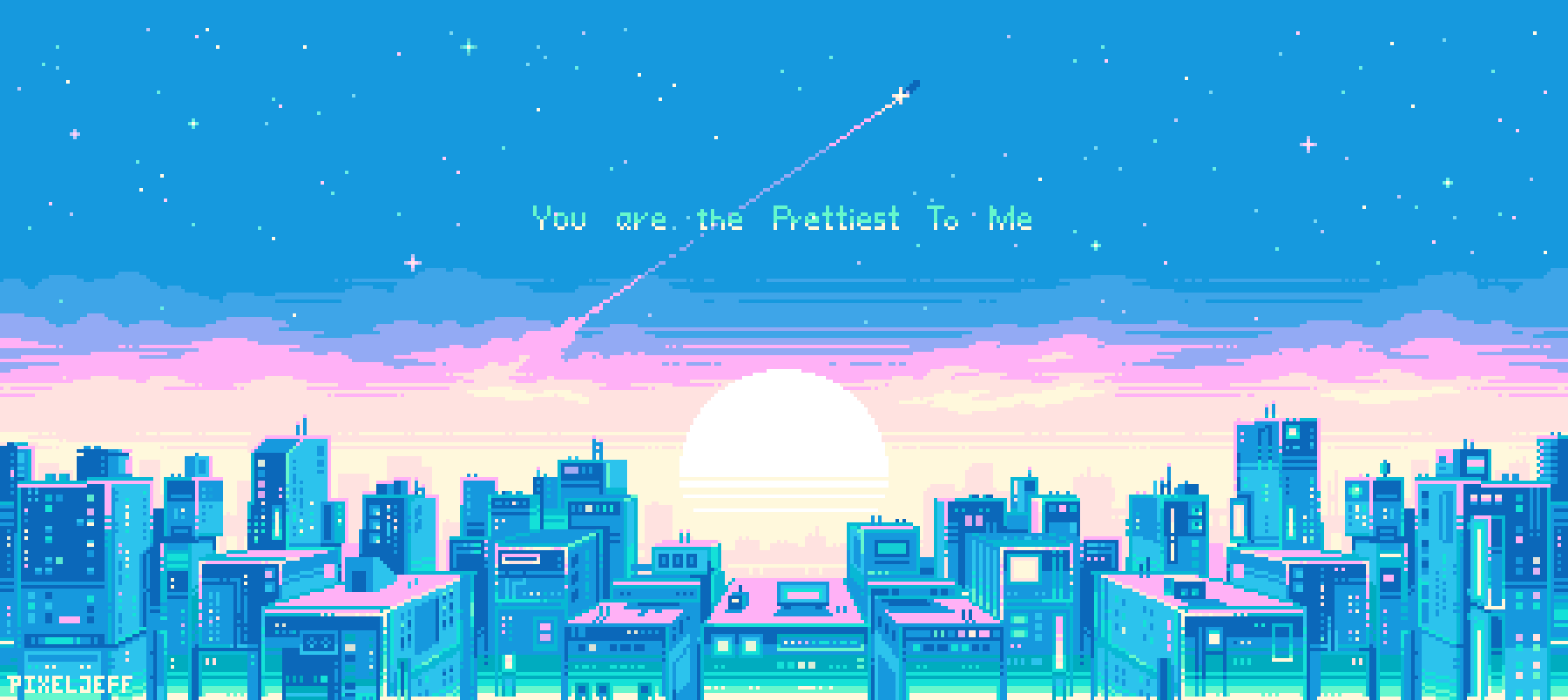 Pixel Jeff 的像素画 Prettiest：流星划过日落城市上空